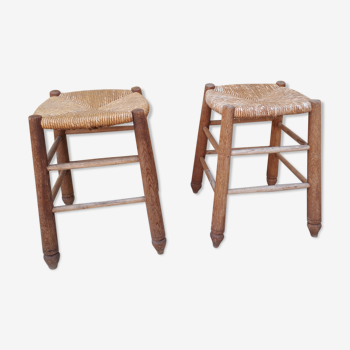 Pair of wooden and straw stools