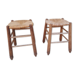 Pair of wooden and straw stools
