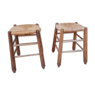 Pair of wooden and straw stools