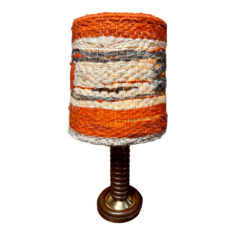 Turned wooden table lamp with wool shade