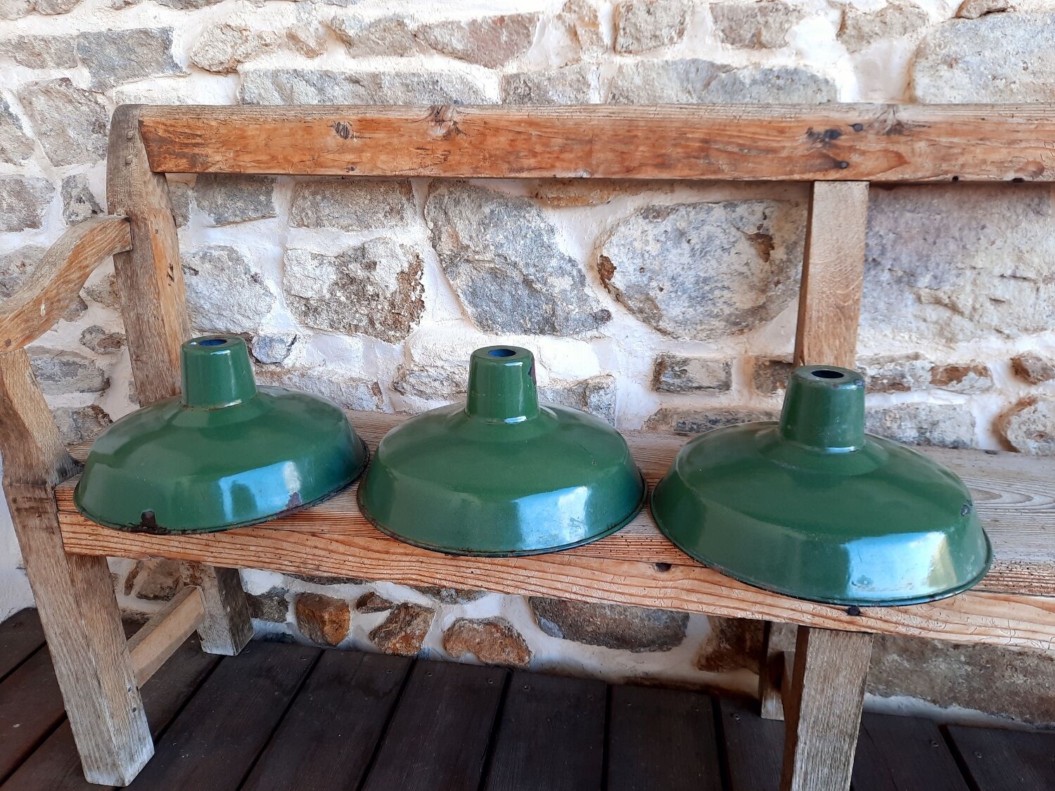 Set of 3 enamelled metal lampshades