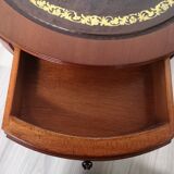 Mid - Century cupboard table with drawers and leather top.