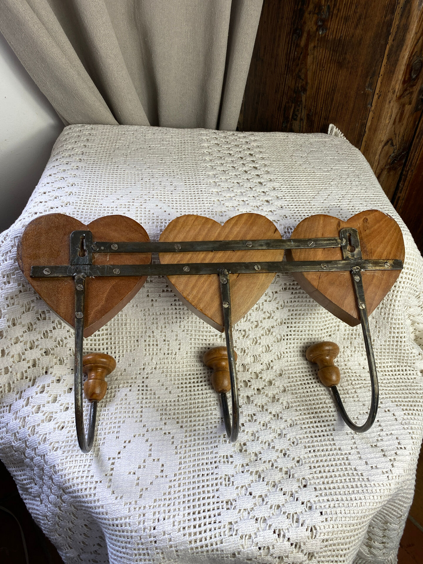 Wall-mounted coat rack, wooden hearts