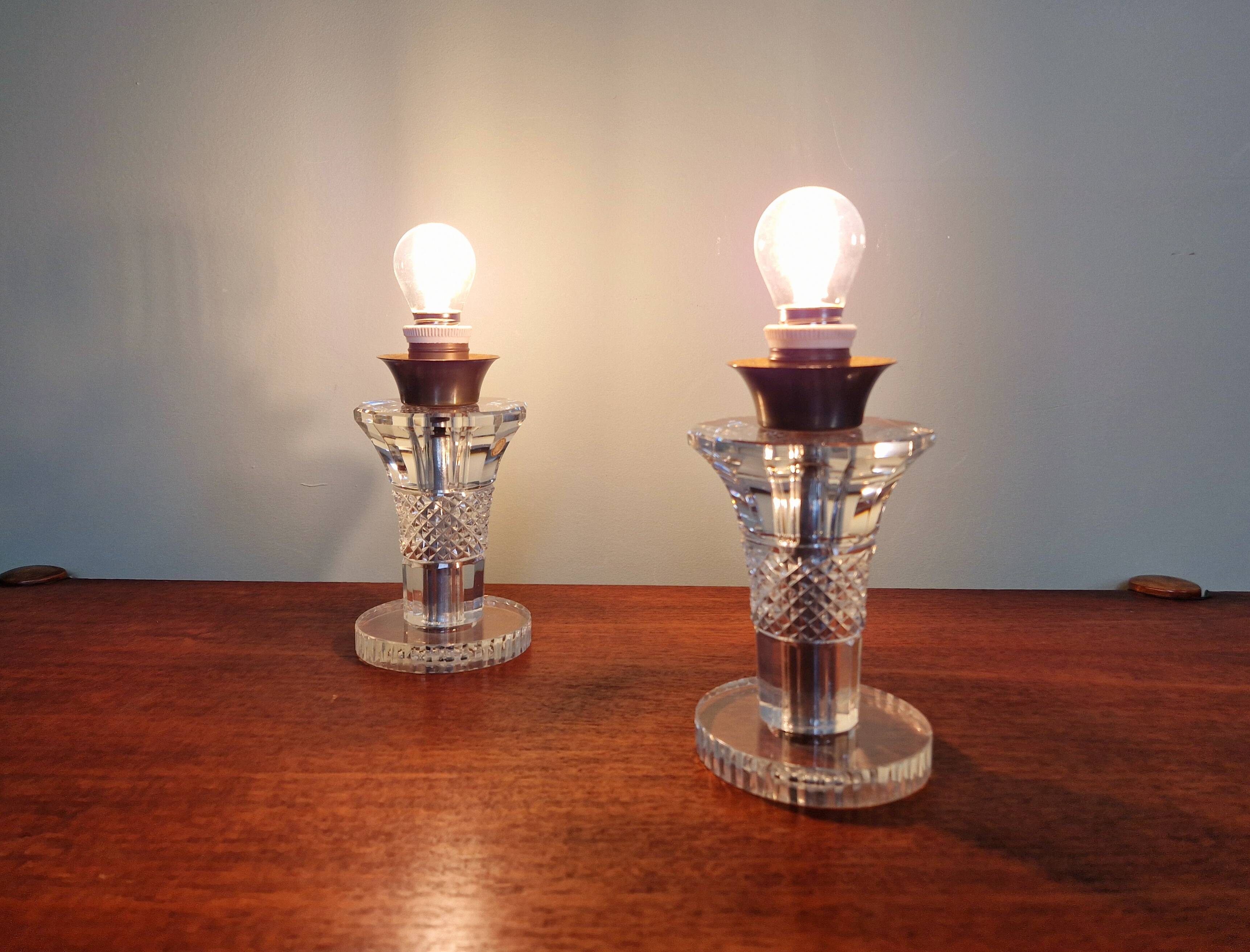 Pair of crystal lamps, Val Saint-Lambert (Belgium), 1930s