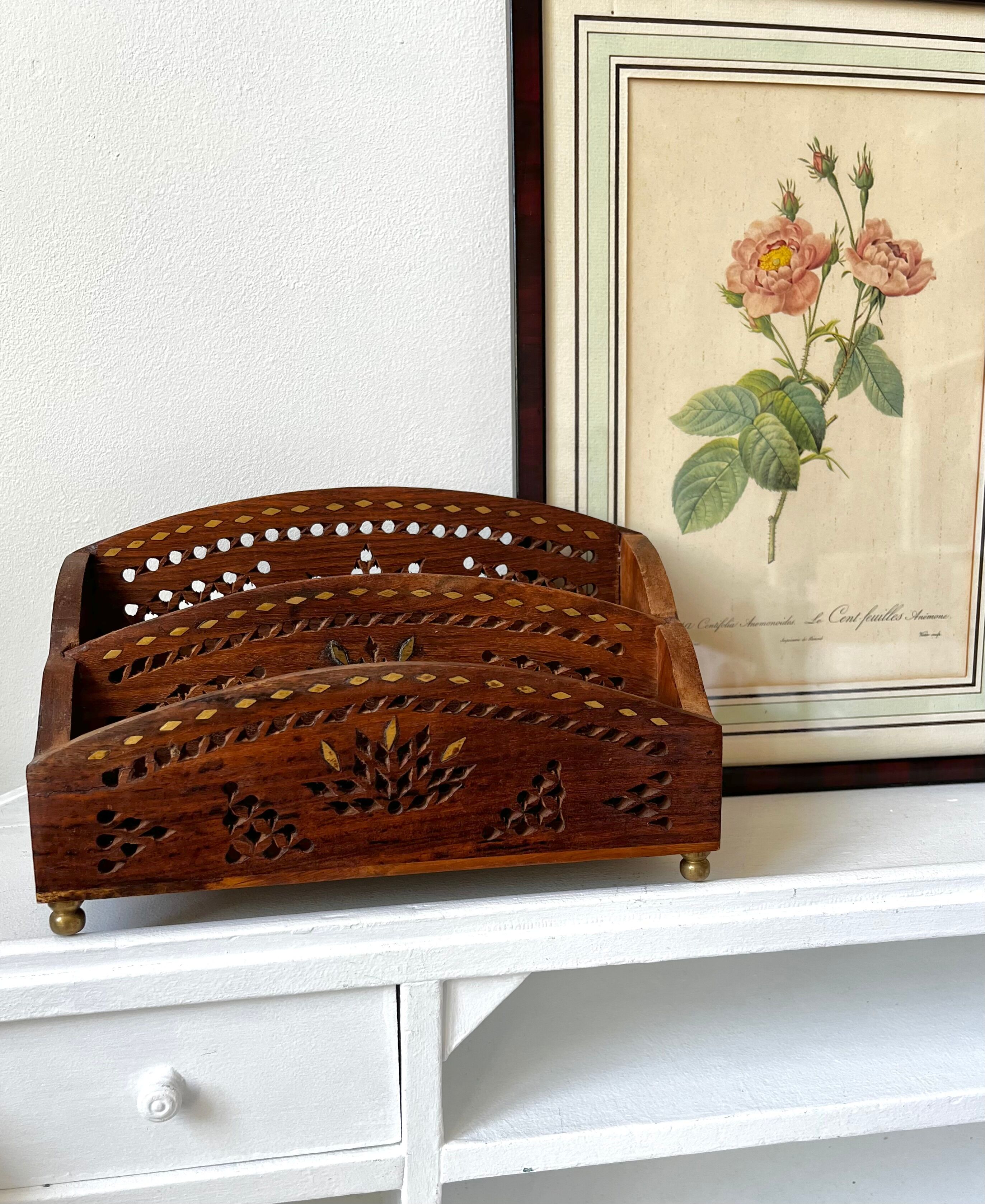 Vintage mail rack in wood and brass
