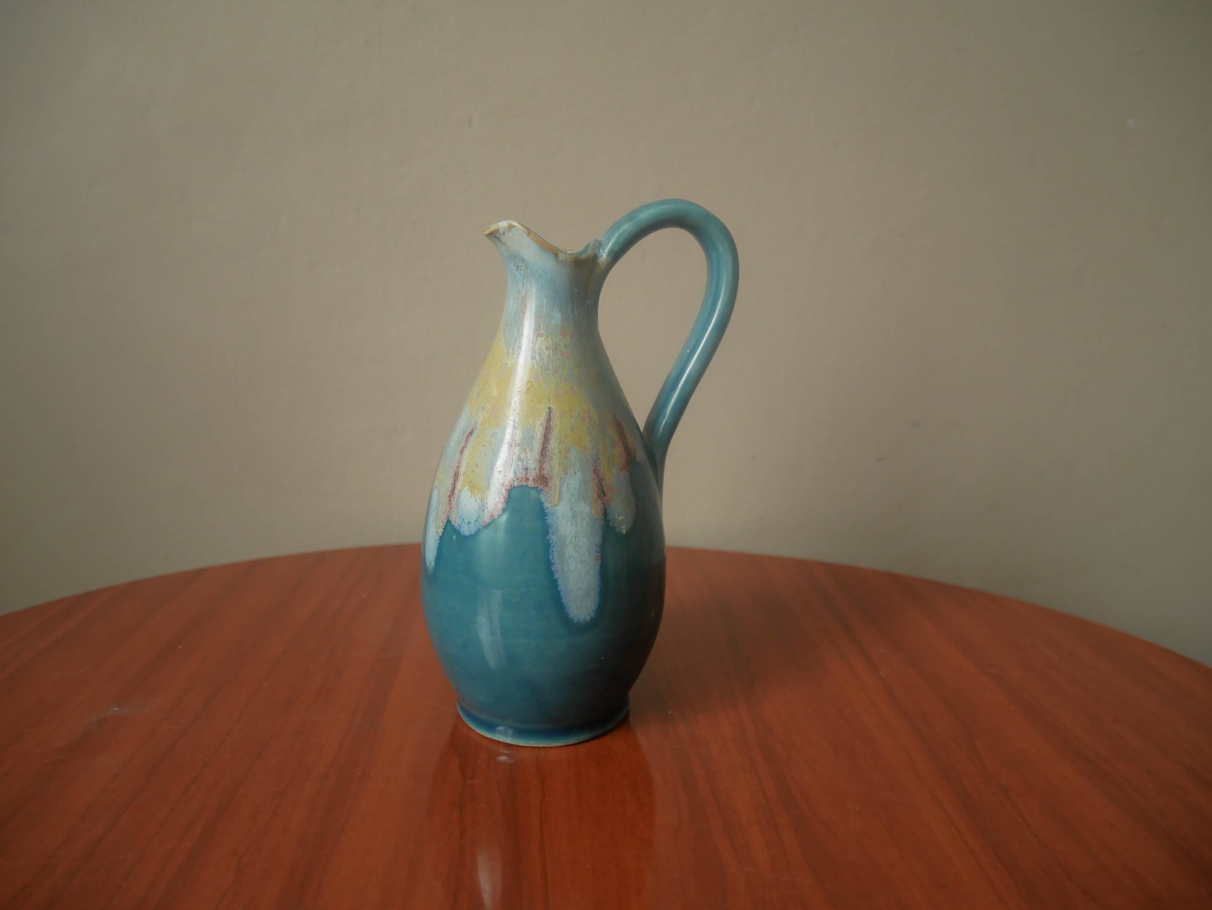 Vase with handle in enameled ceramic artisanal production country decoration slow handmade pottery