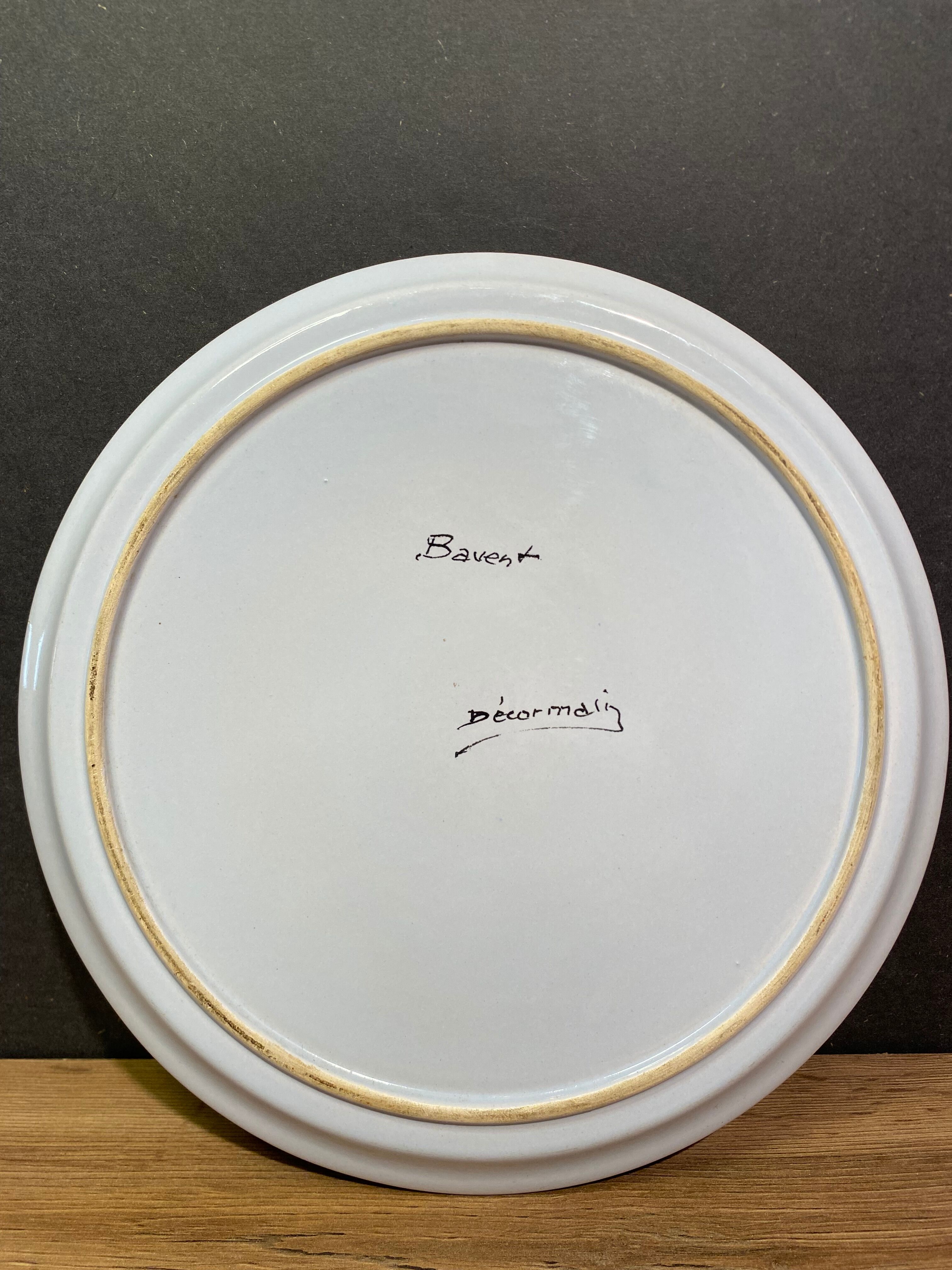 Circular earthenware top signed Bavent, rooster decoration