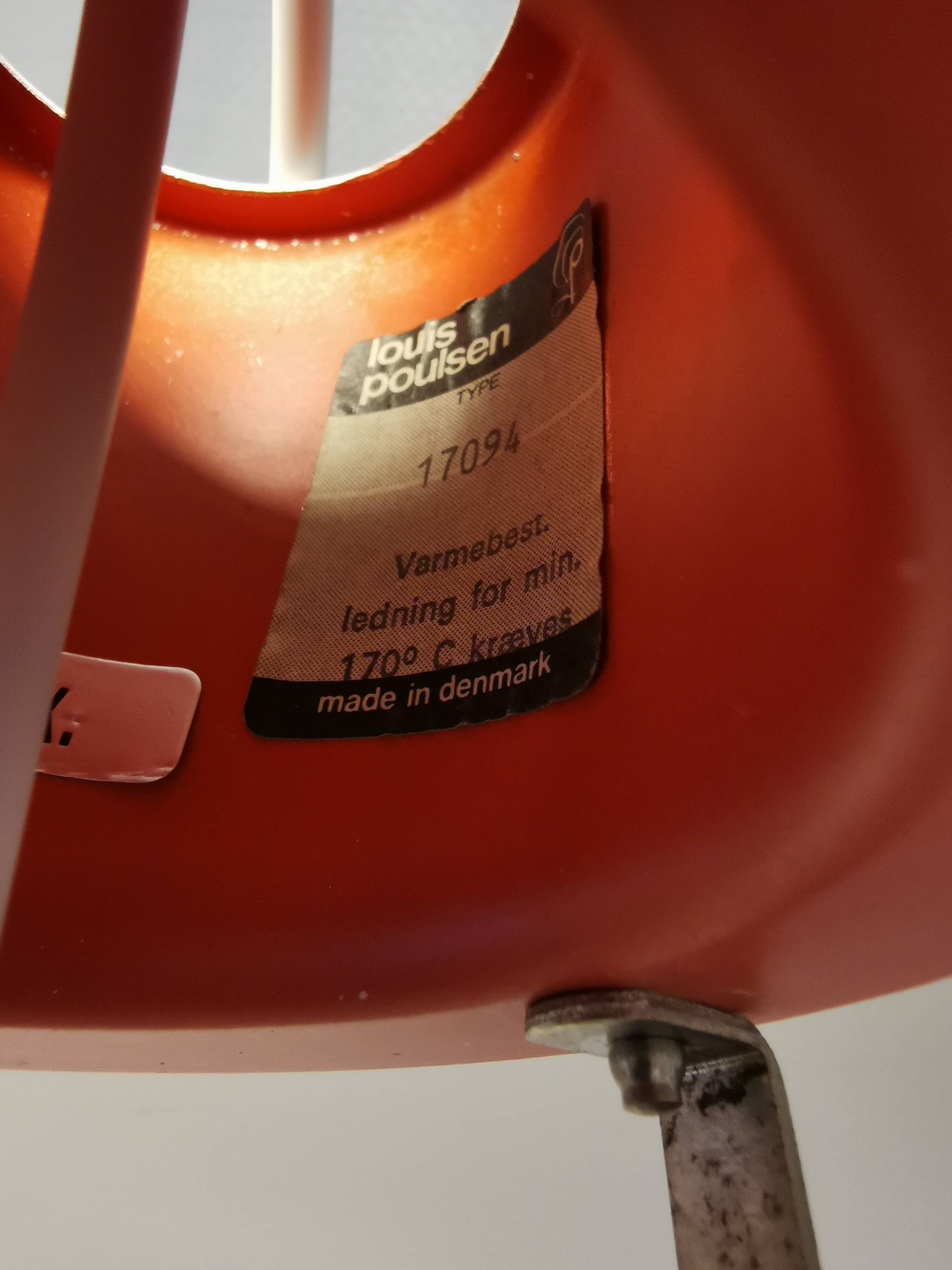 Beautiful older PH 4/3 hanging lamp, in white, with original orange suspension.