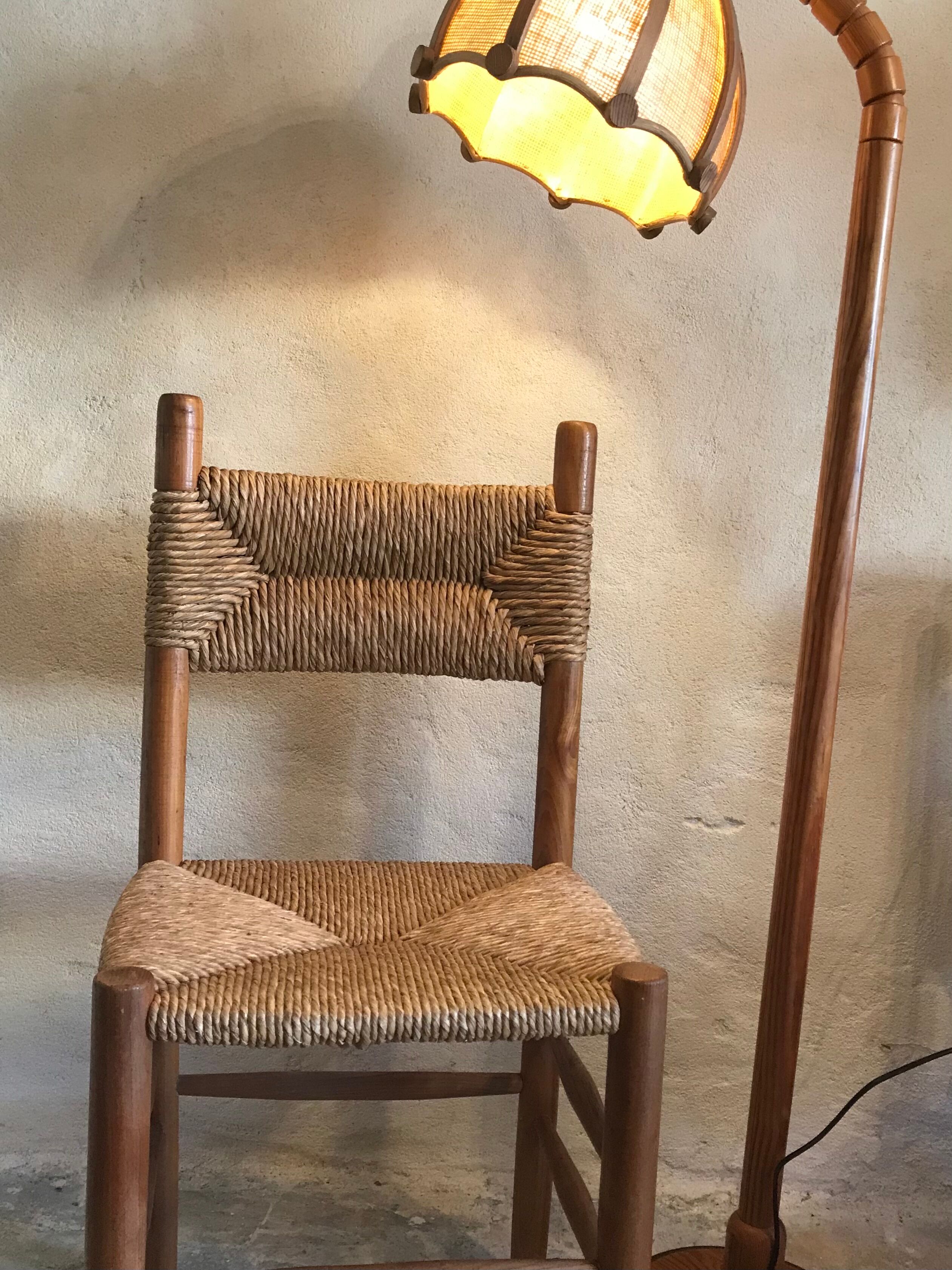 Brutalist vintage beech chair and mid-century straw