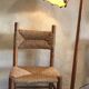 Brutalist vintage beech chair and mid-century straw