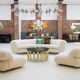 Curved Four-Seat Italian Sofas with Brass Legs and Ivory Bouclé, Set of Two