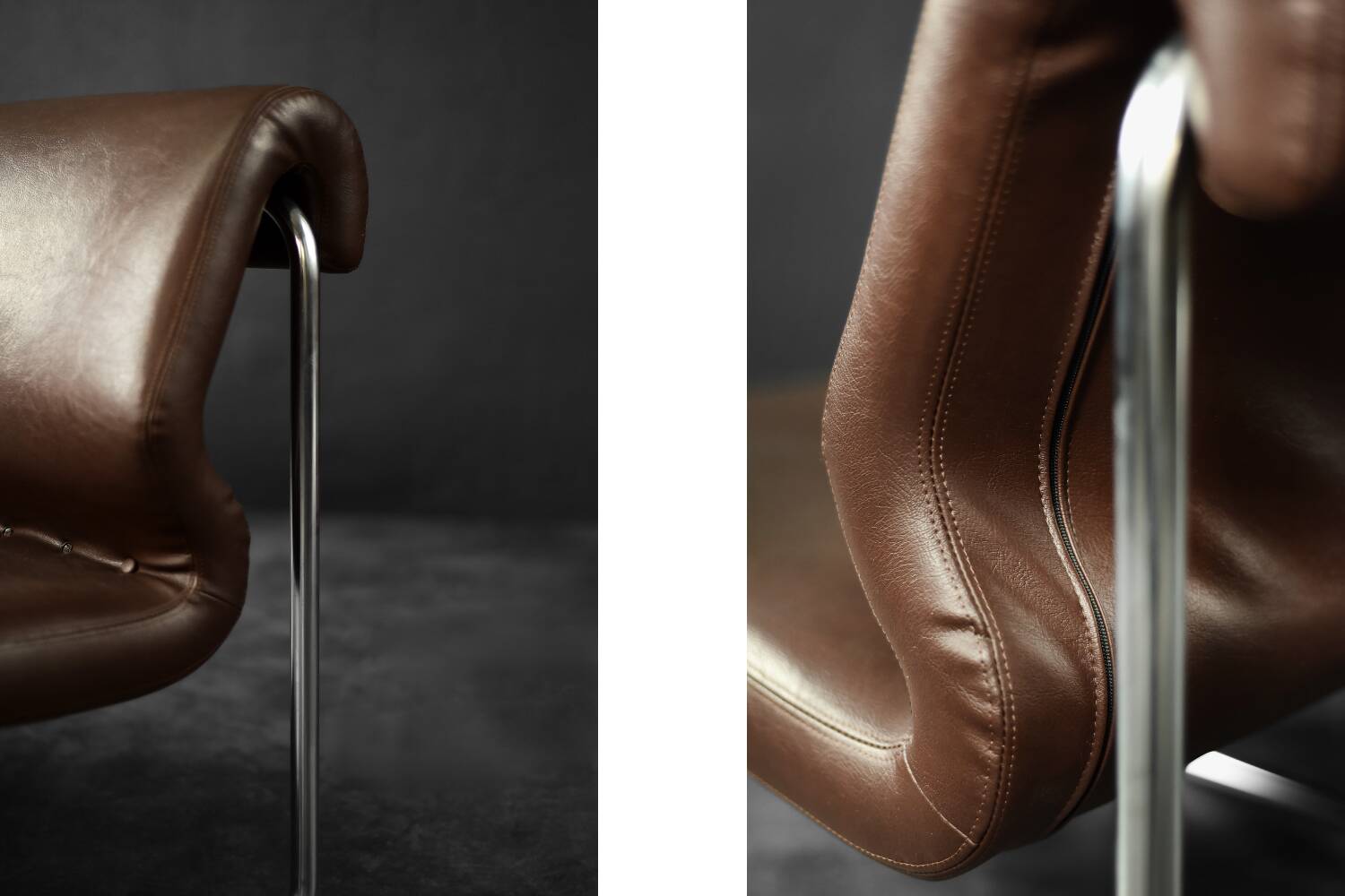 Two-seater canapé in steel and brown faux leather, Germany 1970.