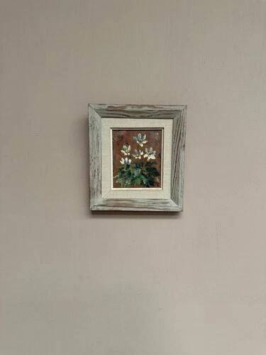 Mid-Century Oil on Panel “Flowers” by Unknown Artist, Vintage & Framed 20 × 23cm