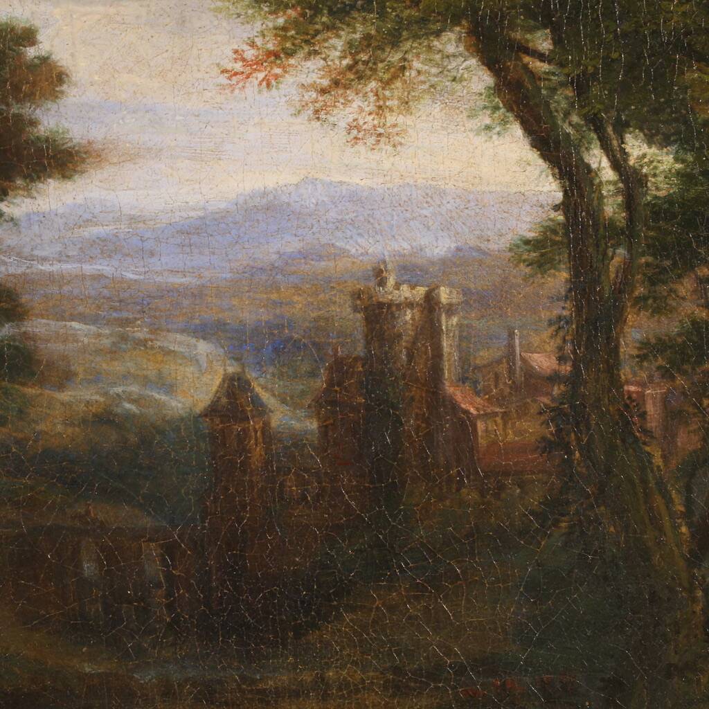 Flemish painting landscape with figures from the 17th century, the apparition of Jesus