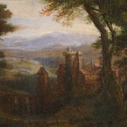 Flemish painting landscape with figures from the 17th century, the apparition of Jesus