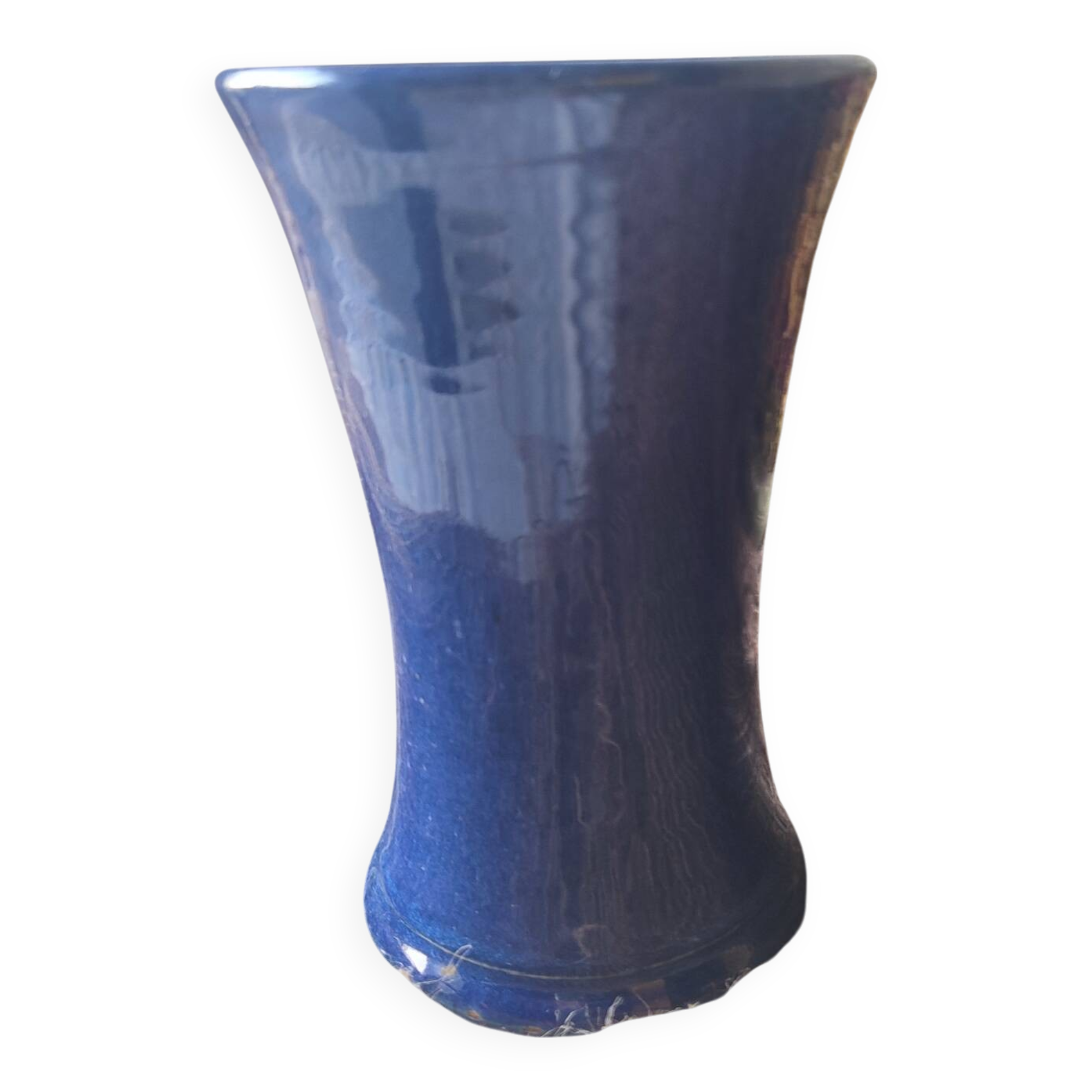 Vase diabolo artisanat Guibert à Lamoura en grès émaillé bleu cobalt