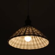"Olga" pleated pendant light in beige checked fabric and turned wood finish