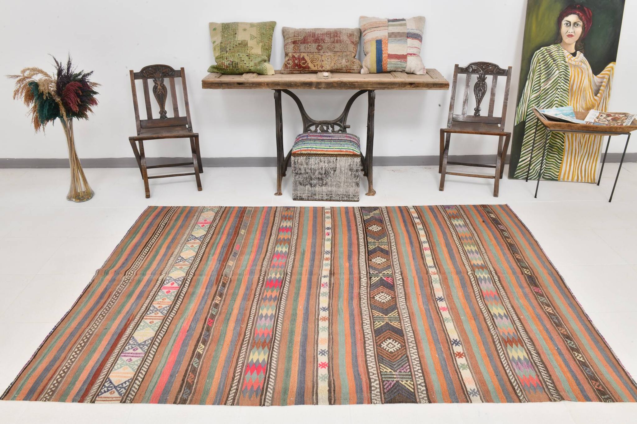 5x8 Orange Blue Striped Turkish Vintage Kilim Rug 170x245Cm