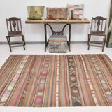 5x8 Orange Blue Striped Turkish Vintage Kilim Rug 170x245Cm