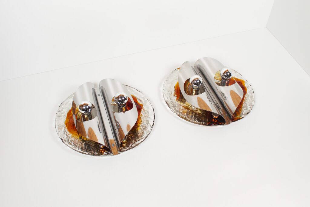 Stunning large pair of Murano glass and chrome wall lights by Mazzega