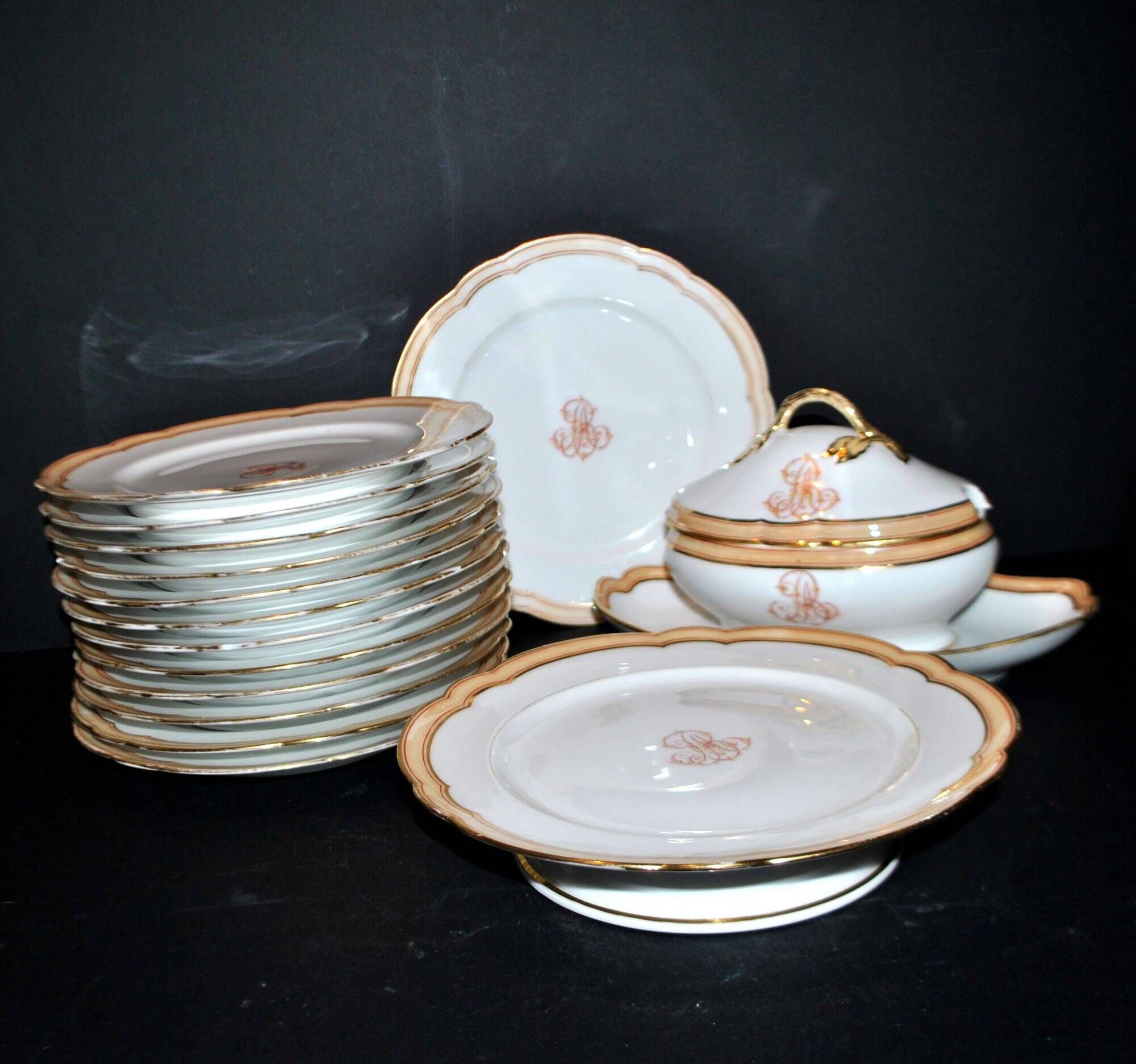 Paris porcelain set of 12 plates, dish and sauce boat, antique tableware with monogram BA.