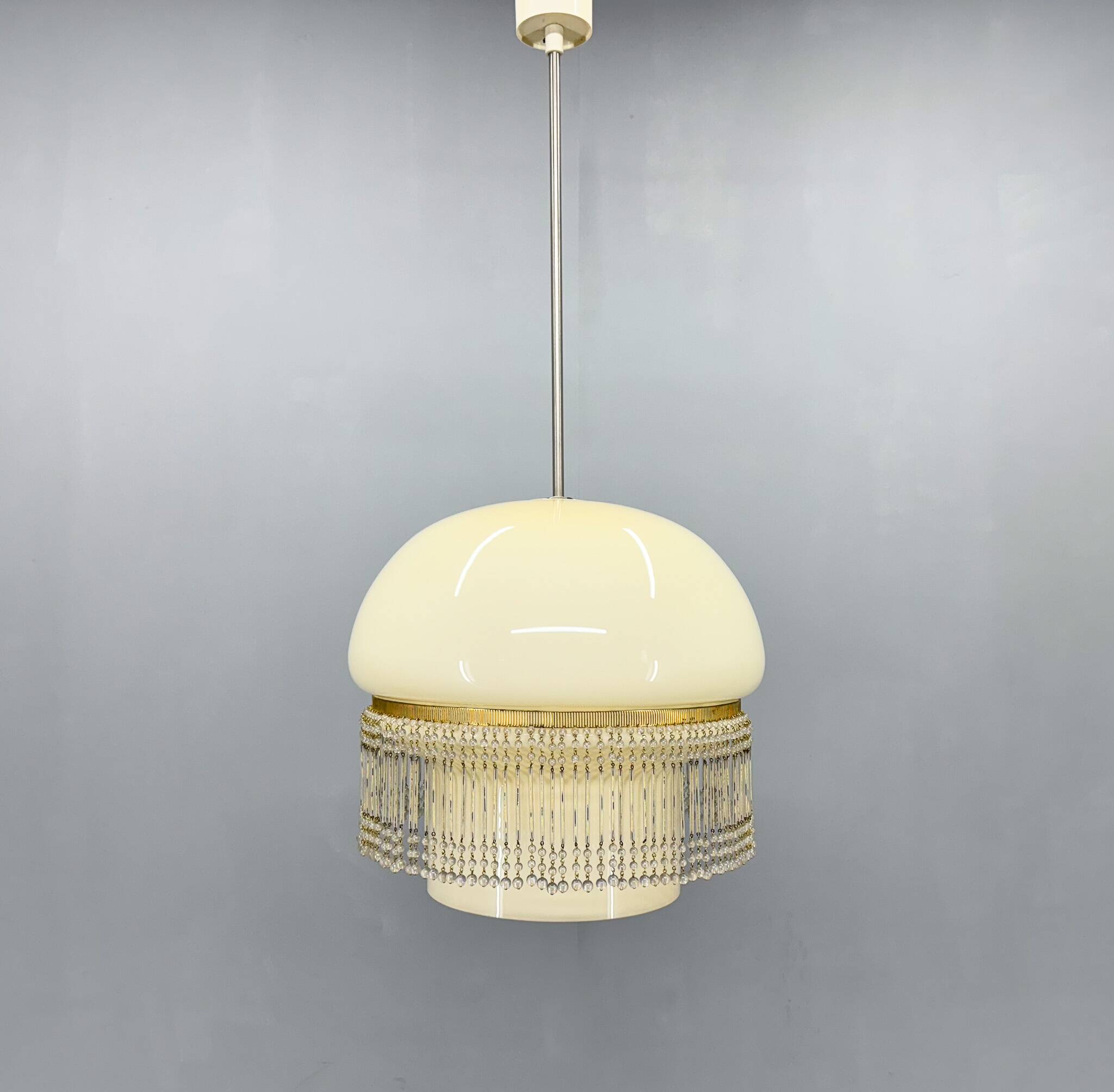 Mid-Century Opaline Glass Pendant Light with Brass Detail & Beads
