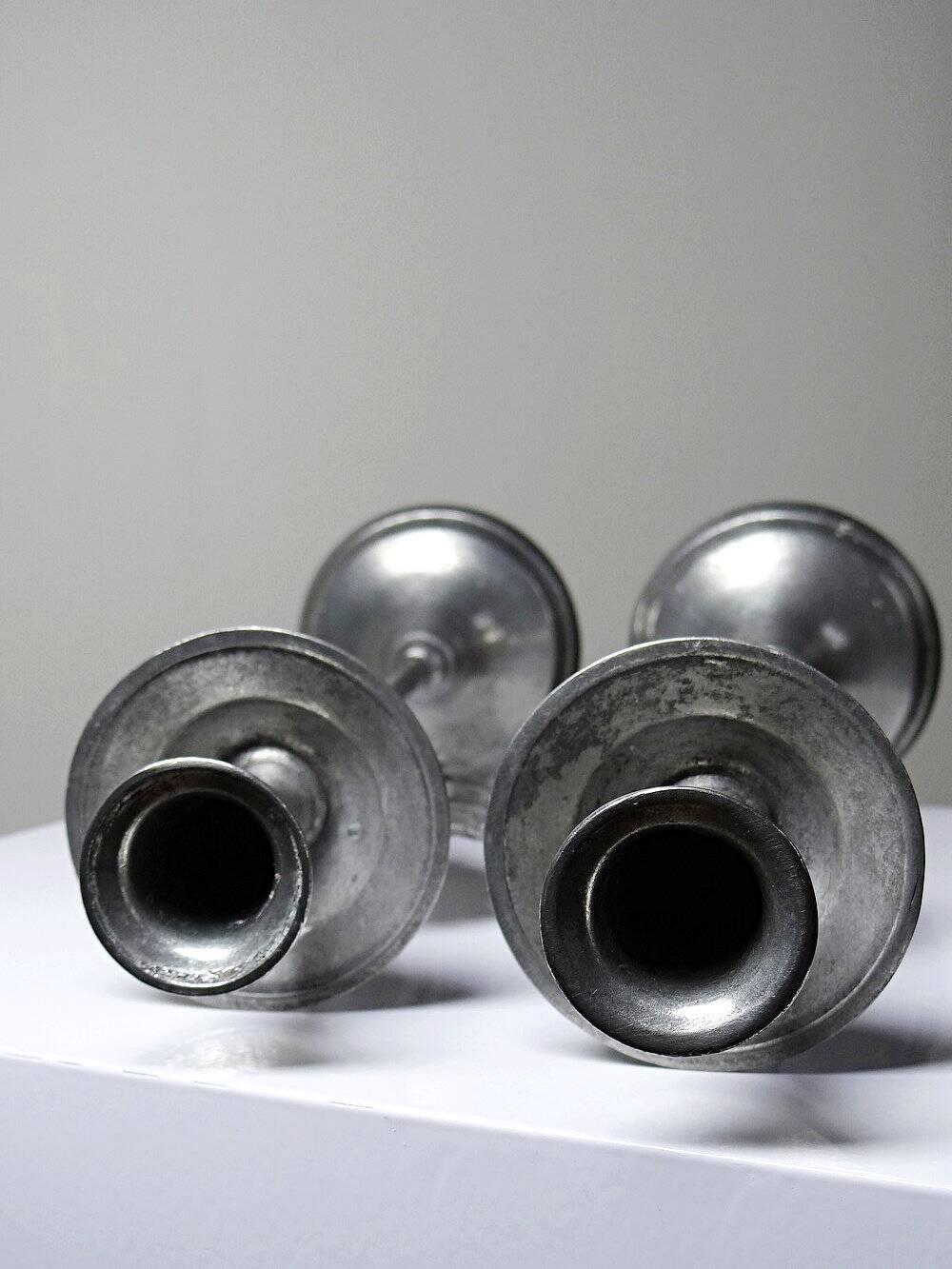 Pair of handcrafted candle holders Sun & Moon vintage mid-century silver-plated tin
