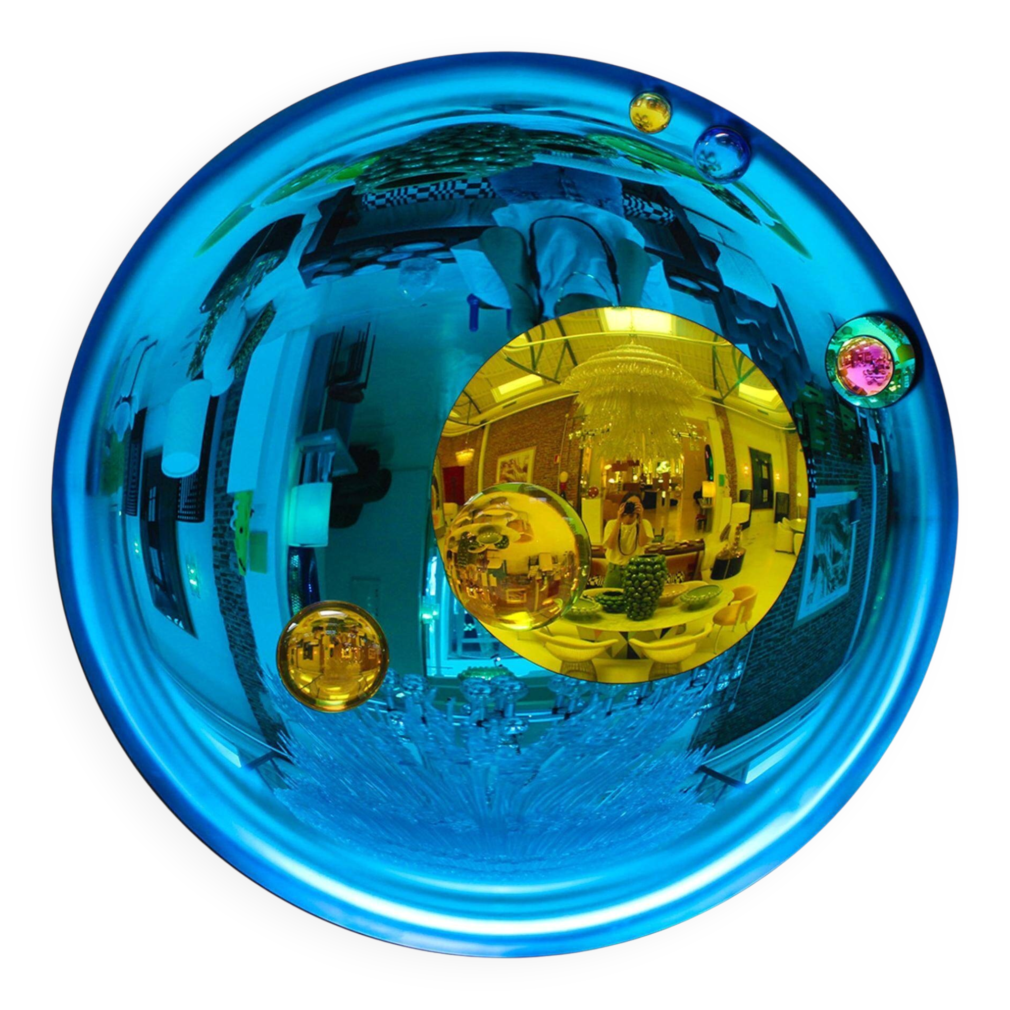 Modern Sculptural Concave French Mirror - Handmade Wall Art in Blue Glass