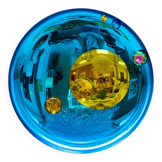 Modern Sculptural Concave French Mirror - Handmade Wall Art in Blue Glass