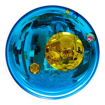 Miroir concave sculptural moderne français - Art mural fait main en verre bleu