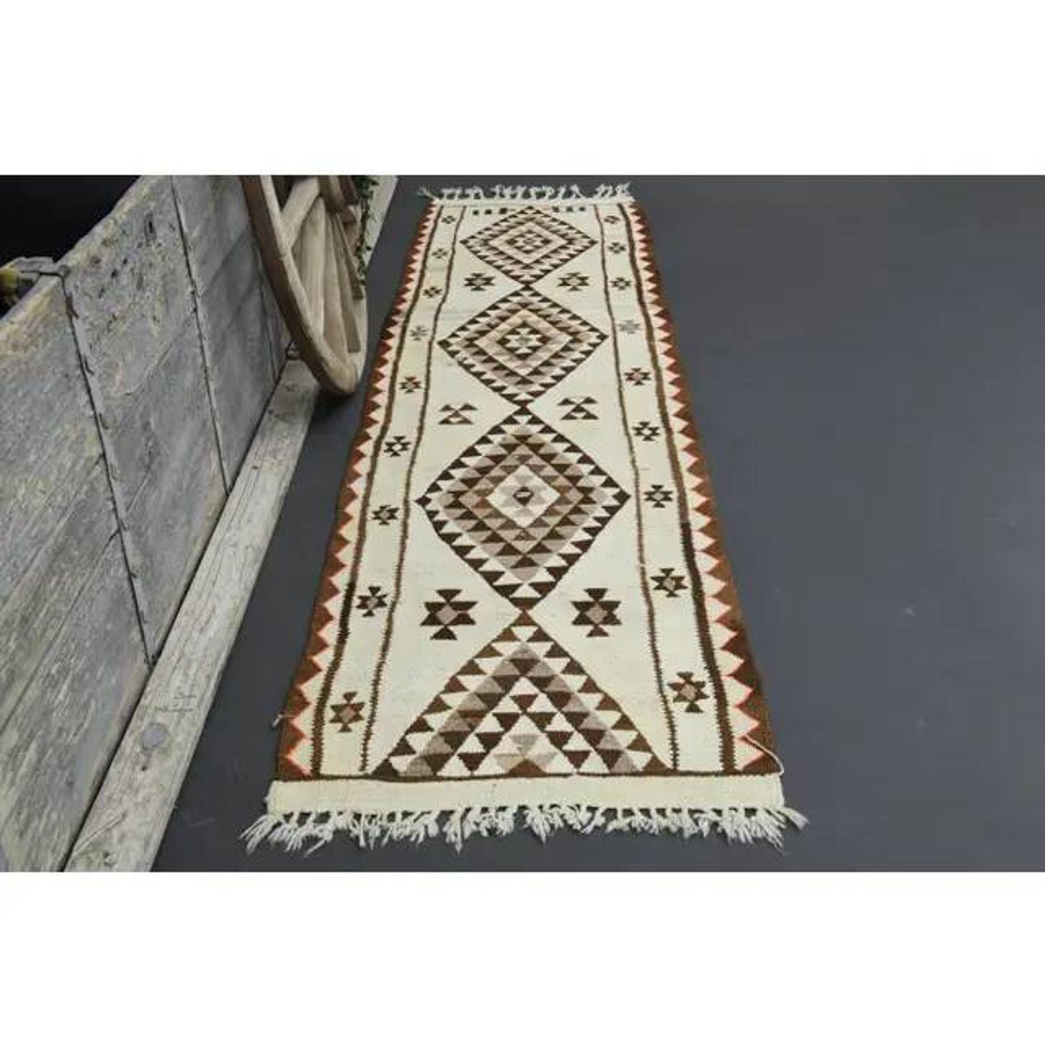 1970s Vintage Turkish Hand-Knotted Wool Cotton Beige Runner Rug 92x355