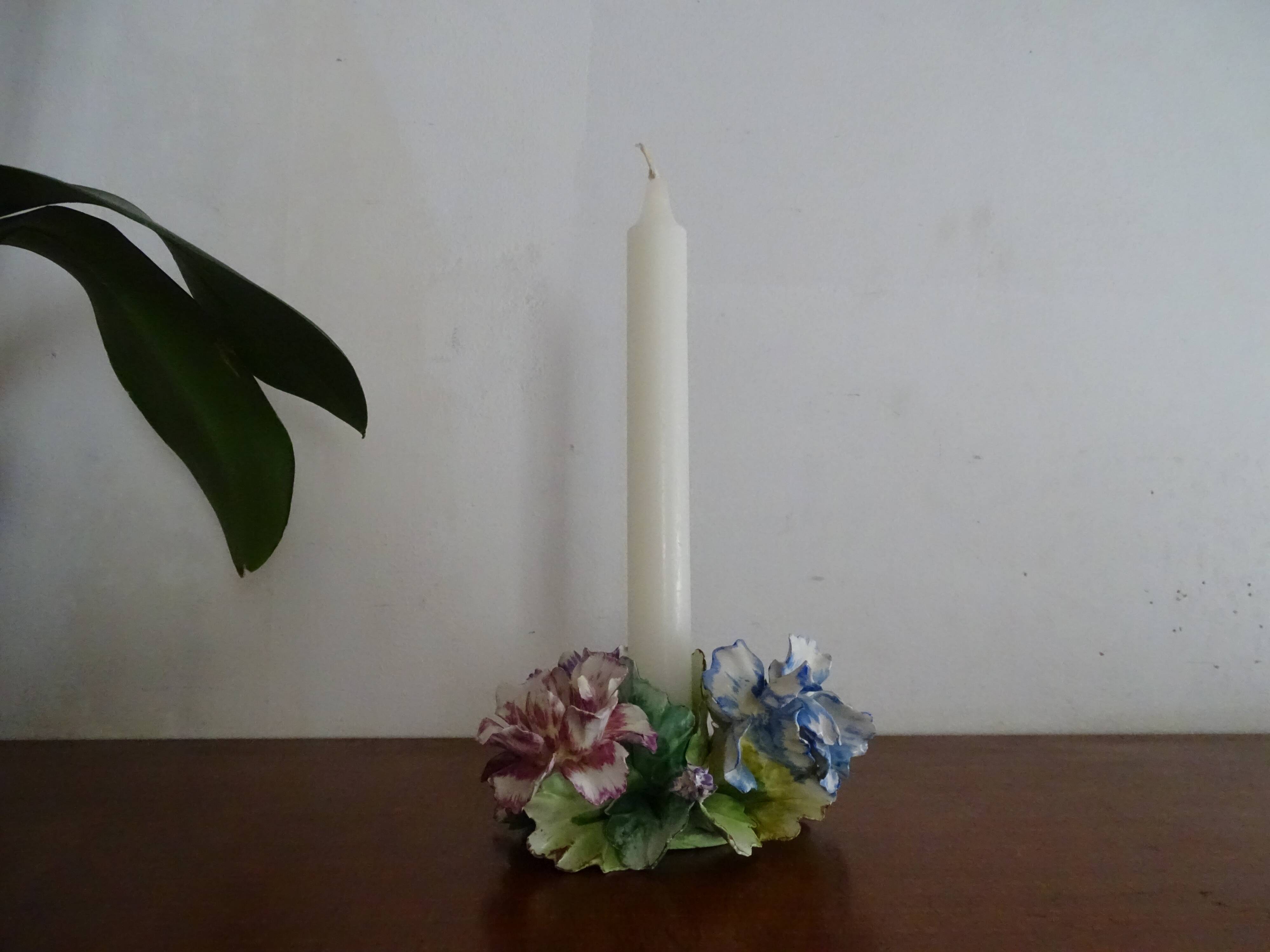 Flower candle holder in faience Old Capodimonte