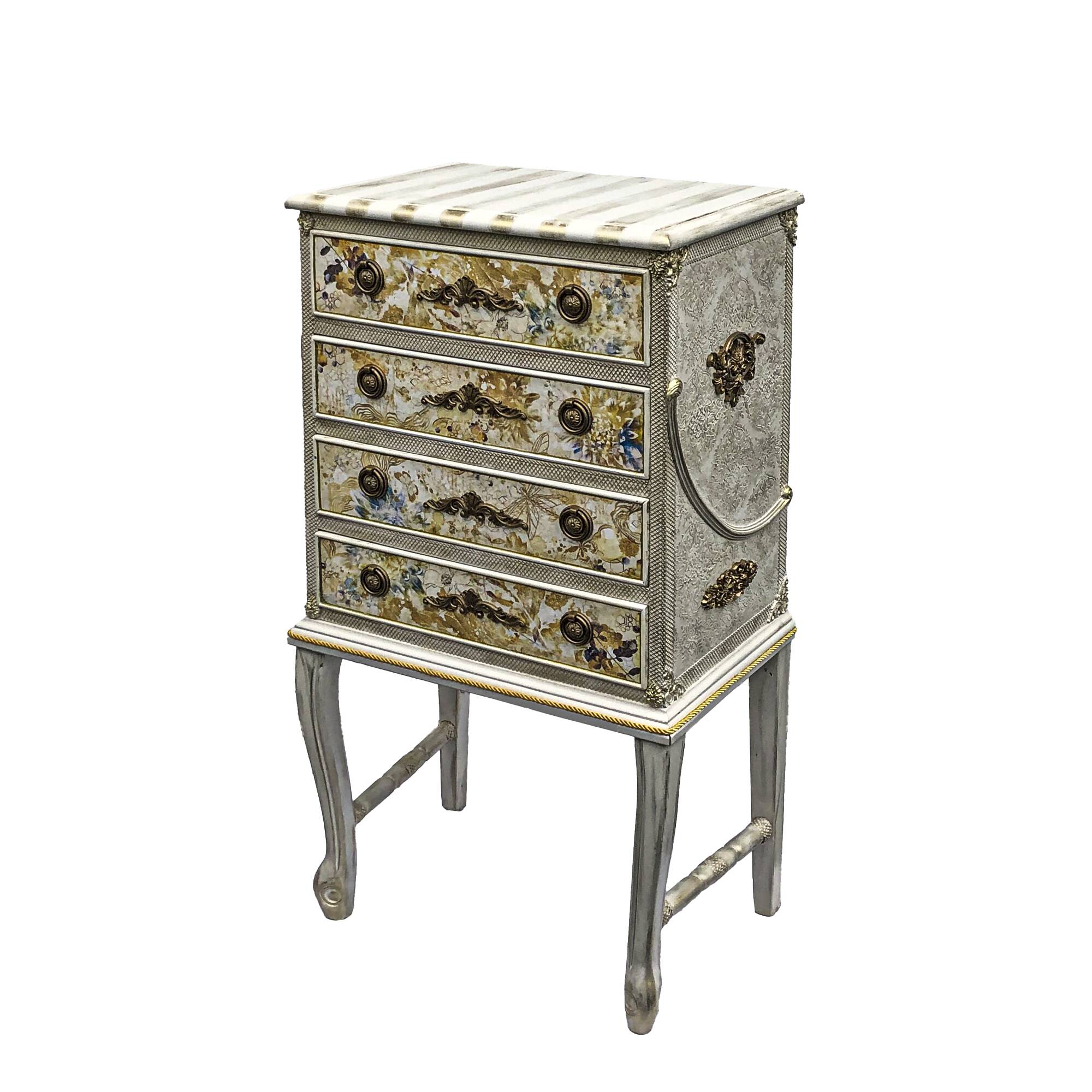 Vintage commode refurbished with 4 drawers in classic style with floral decor.
