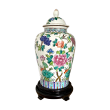 Chinese enamelled earthenware jar with wooden base