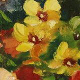 Grande nature morte de fleurs colorées signée 60x50cm