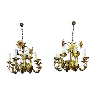 Set of painted metal chandeliers with flower decor