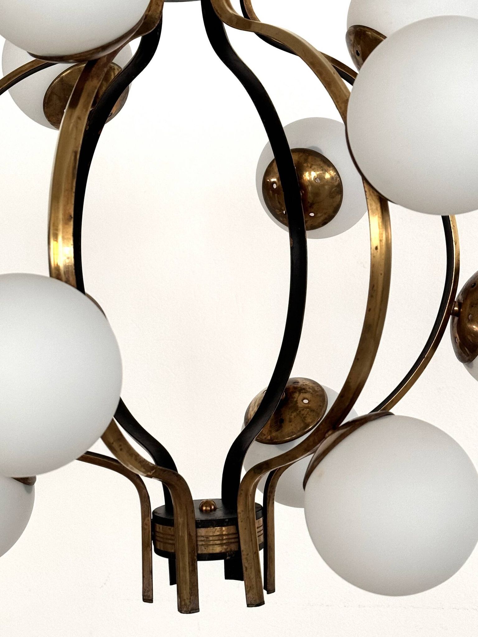 Stilnovo Italian Midcentury Chandelier, Brass & Opaline Glass, 1950s