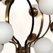 Stilnovo Italian Midcentury Chandelier, Brass & Opaline Glass, 1950s