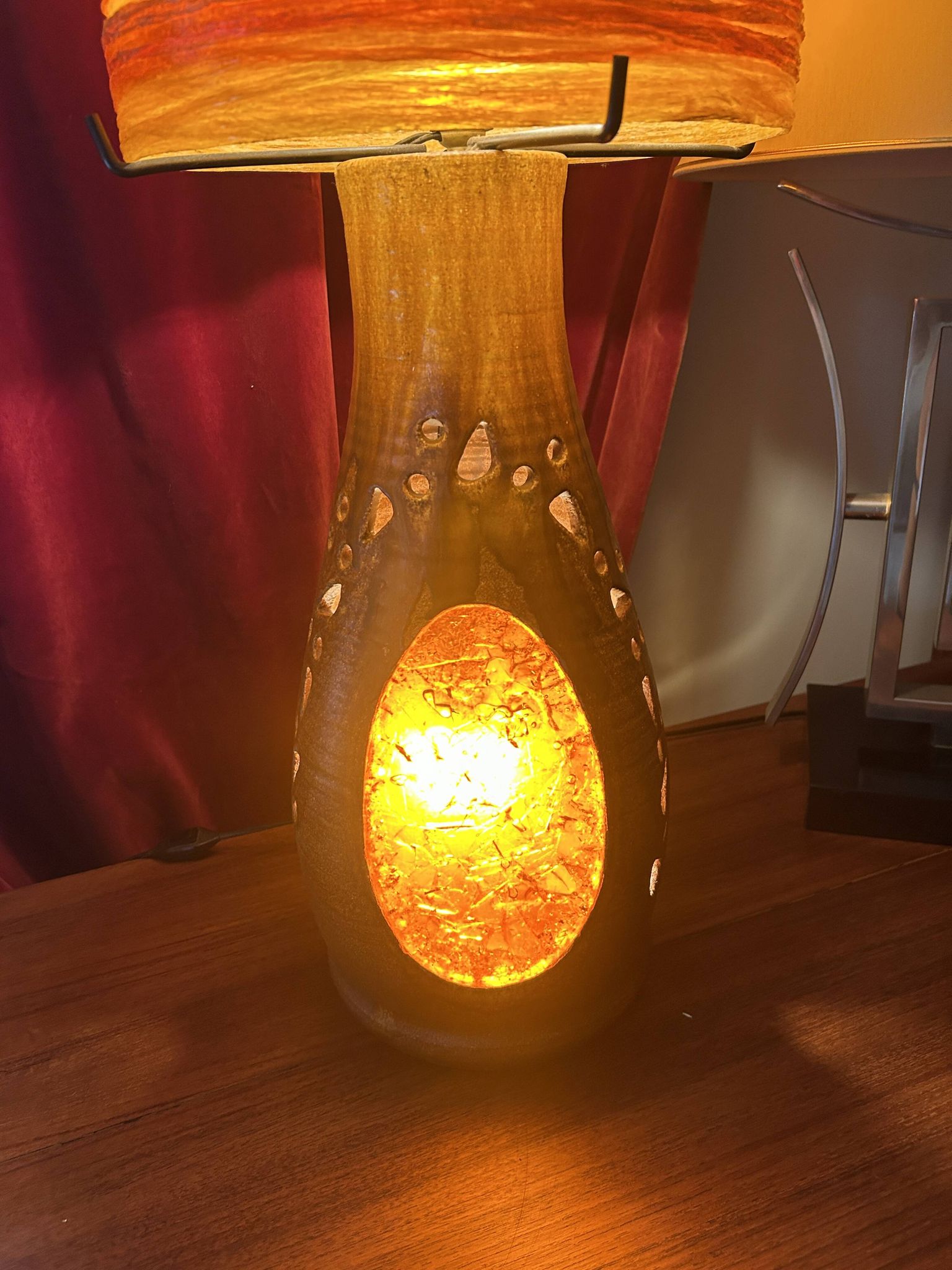 Lampe Accolay en terre cuite, abat jour résine à double éclairage, 1960