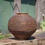 Old basket with lid, burgundy straw and bramble, woven basket, interior decoration