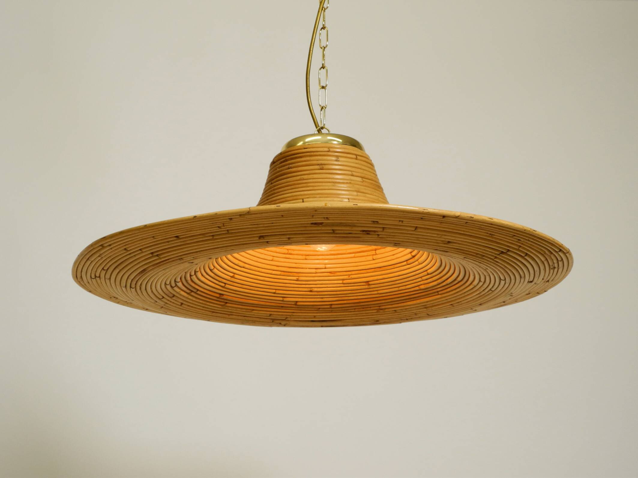 Beautiful, large Italian 1970s bright bamboo wood ceiling pendant lamp