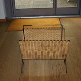 Vintage magazine rack in wrought iron and woven wicker 196