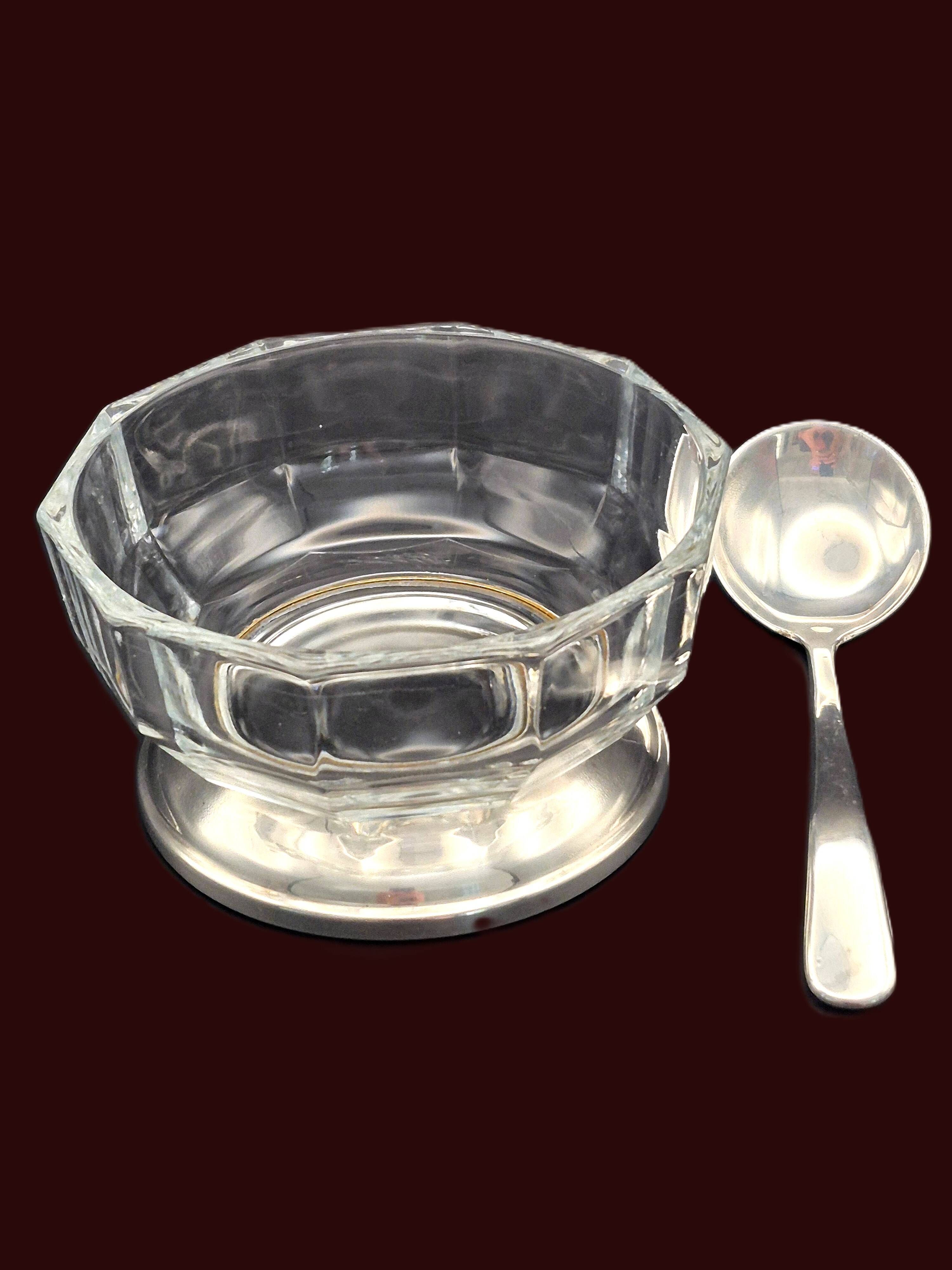 Art Deco thick crystal/glass bowl, silver-plated metal pedestal.