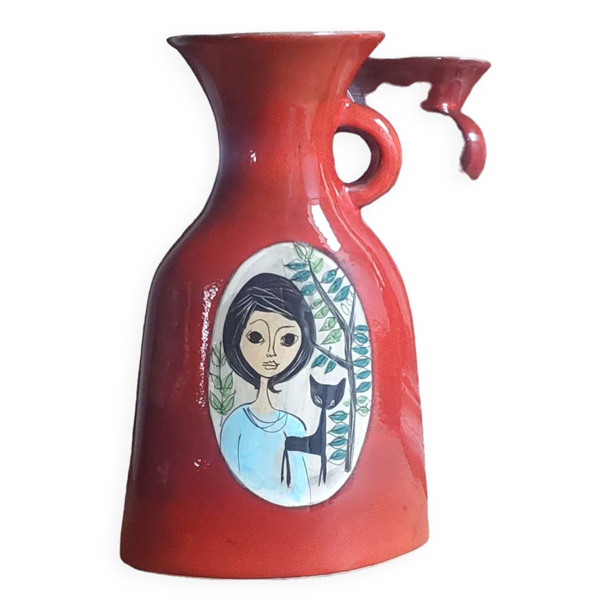 Vintage Français années 1960 Jean de Lespinasse, JdL 330, Vase ovale émaillé rouge avec portrait féminin.