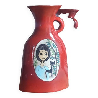 Vintage Français années 1960 Jean de Lespinasse, JdL 330, Vase ovale émaillé rouge avec portrait féminin.