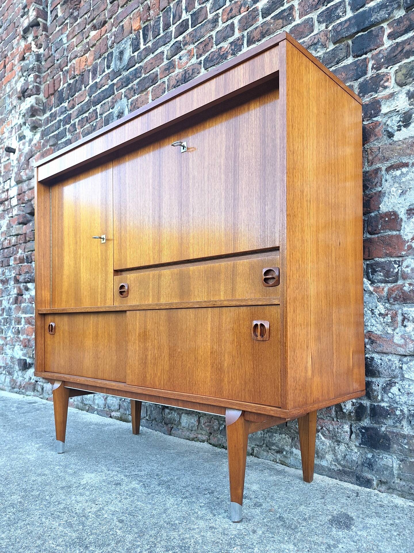 Vintage teak secretary, bar cabinet, sideboard, desk.