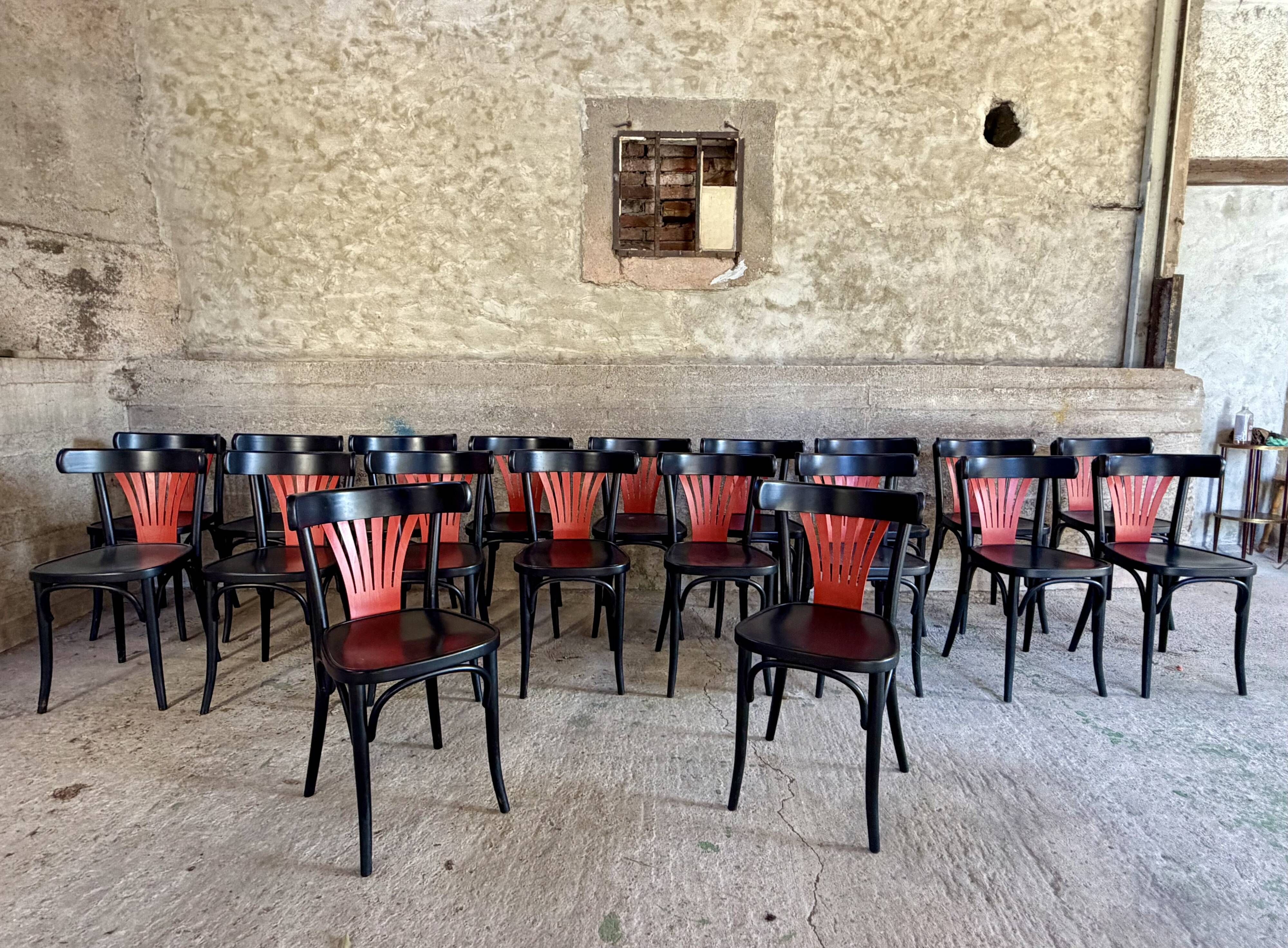 Set of 27 black and red bistro chairs – All wood