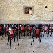 Set of 27 black and red bistro chairs – All wood