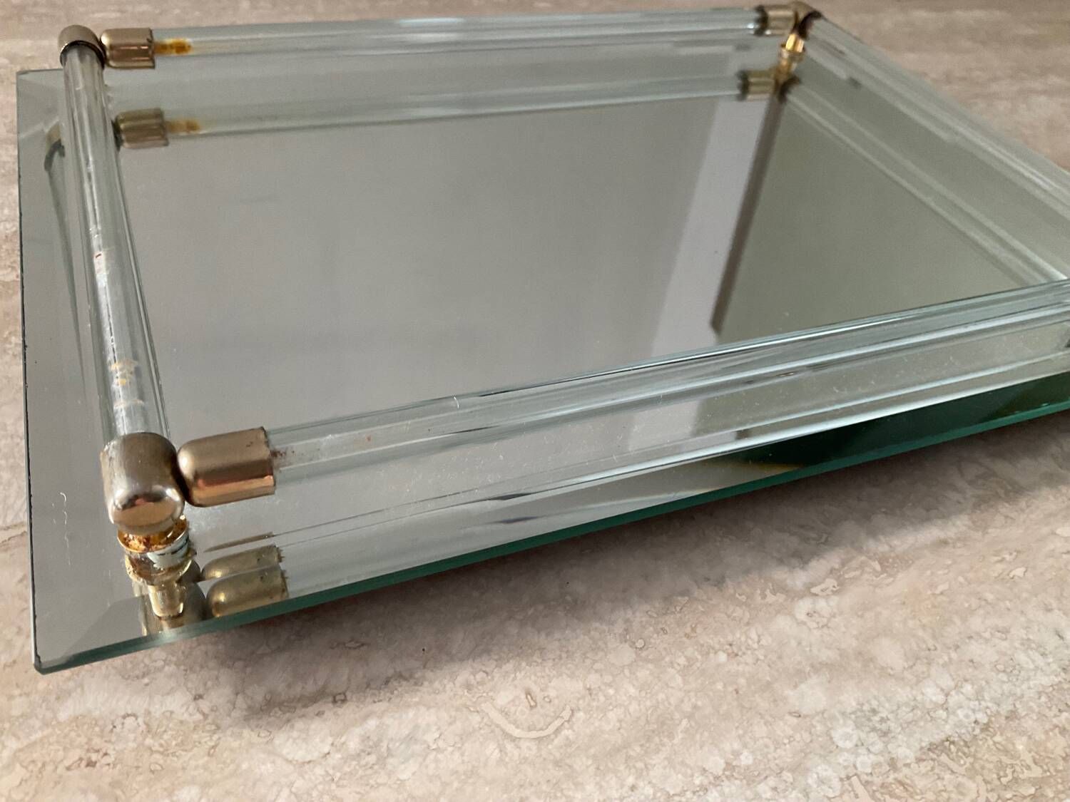 Vintage tray in glass, brass and beveled mirror 70s