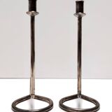 Minimalist Pair of Silver Plated Metal Candleholders in the Style of Sabattini